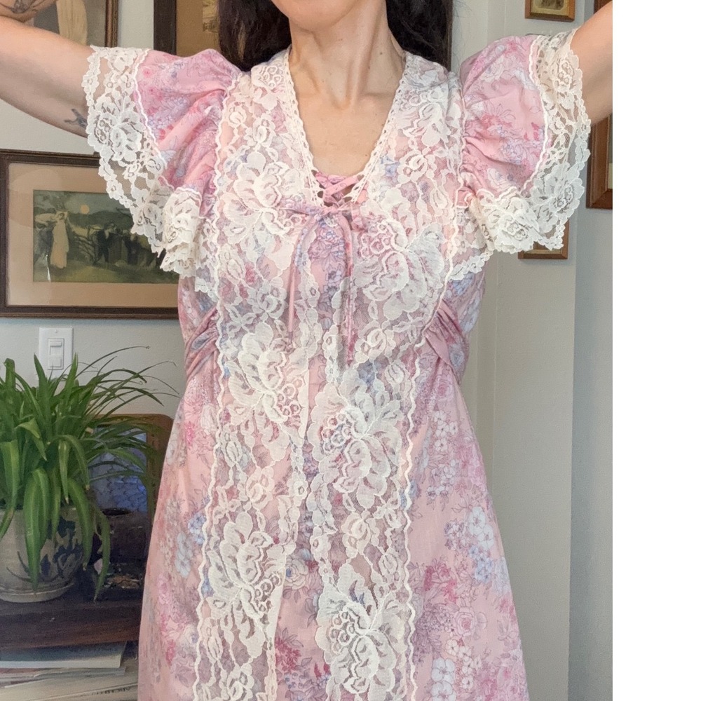 Vintage 70s Pink Floral Prairie Maxi Dress Lace Trim Empire Waist Cottagecore - Picture 7 of 10